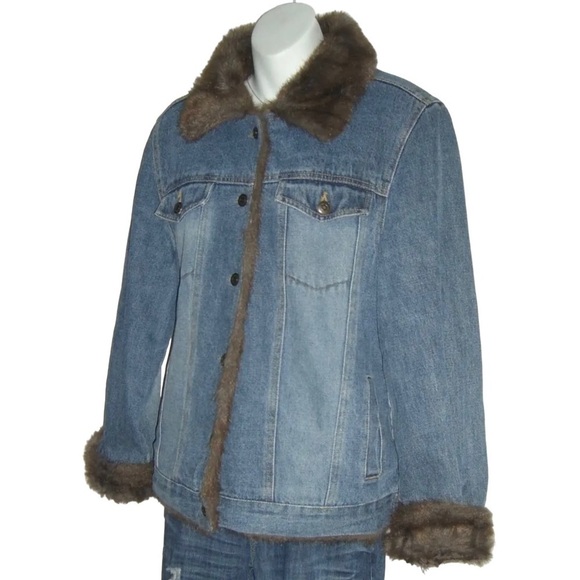 Vintage 90's Denim Jacket Faux Fur Penny Lane Fully Lined y2k Jean Coat Boho L - Picture 7 of 16